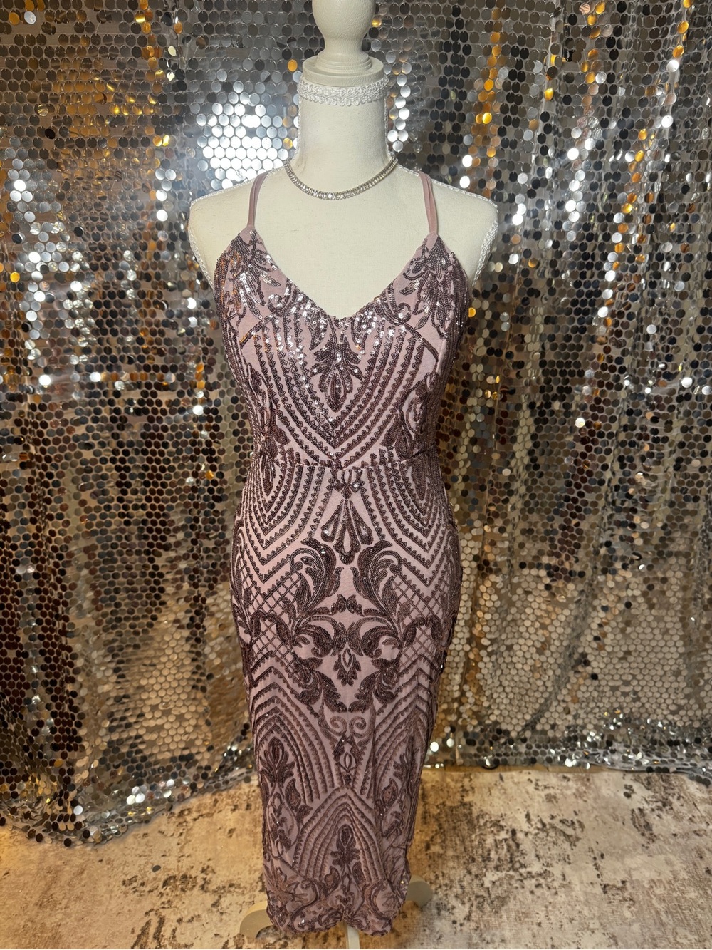 Blush Pink Sequin Bodycon Dress - Elegant Spaghetti Strap Evening Dress